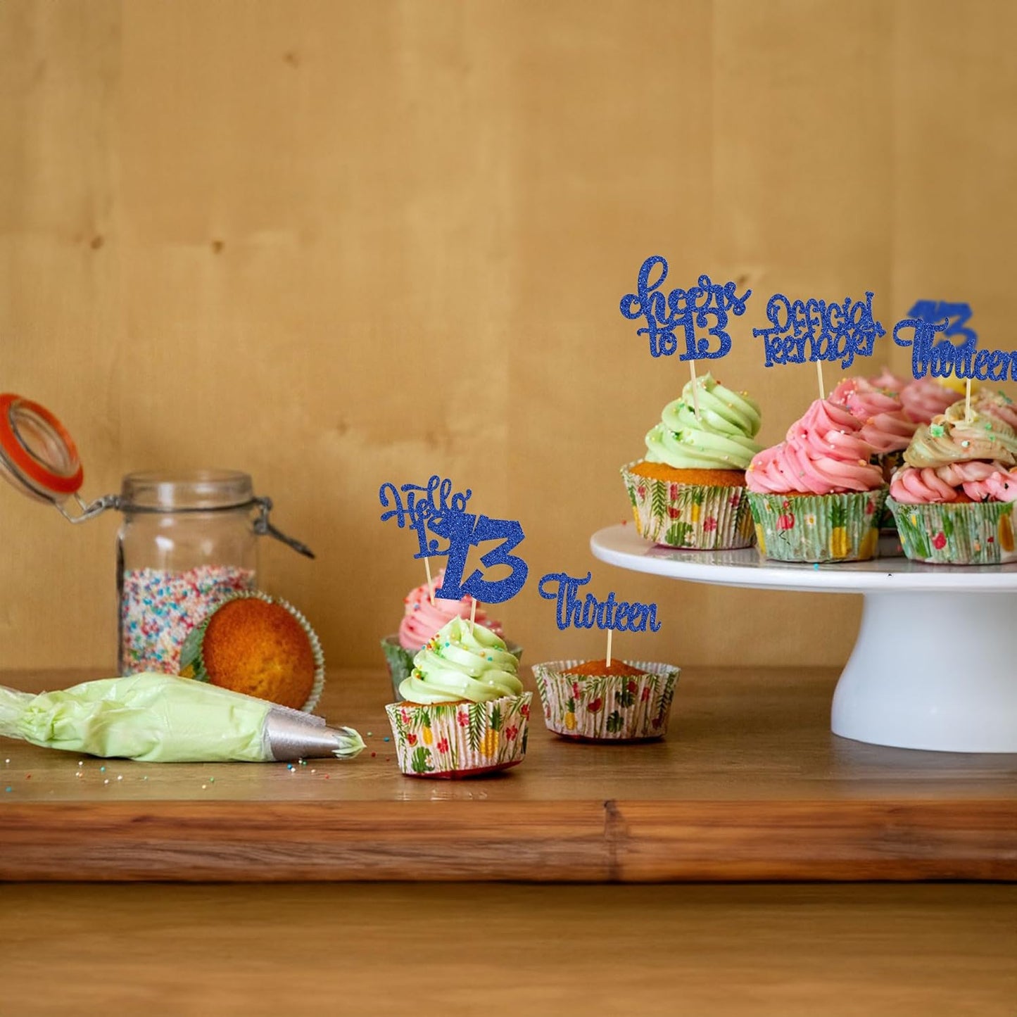 30Pcs 13th Birthday Cupcake Toppers Hello 13 Cupcake Picks Official Teenager Cheers to 13 Years Old Cake Decorations for 13th Birthday Anniversary Party Supplies Deep Blue Glitter