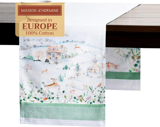 Maison d' Hermine Table Runner 100% Cotton Double Layer Table Runners 108 inches Long for Thanksgiving Christmas Decorations Home Kitchen Dining Party Wedding (Snowy World, 14.5" x 108")