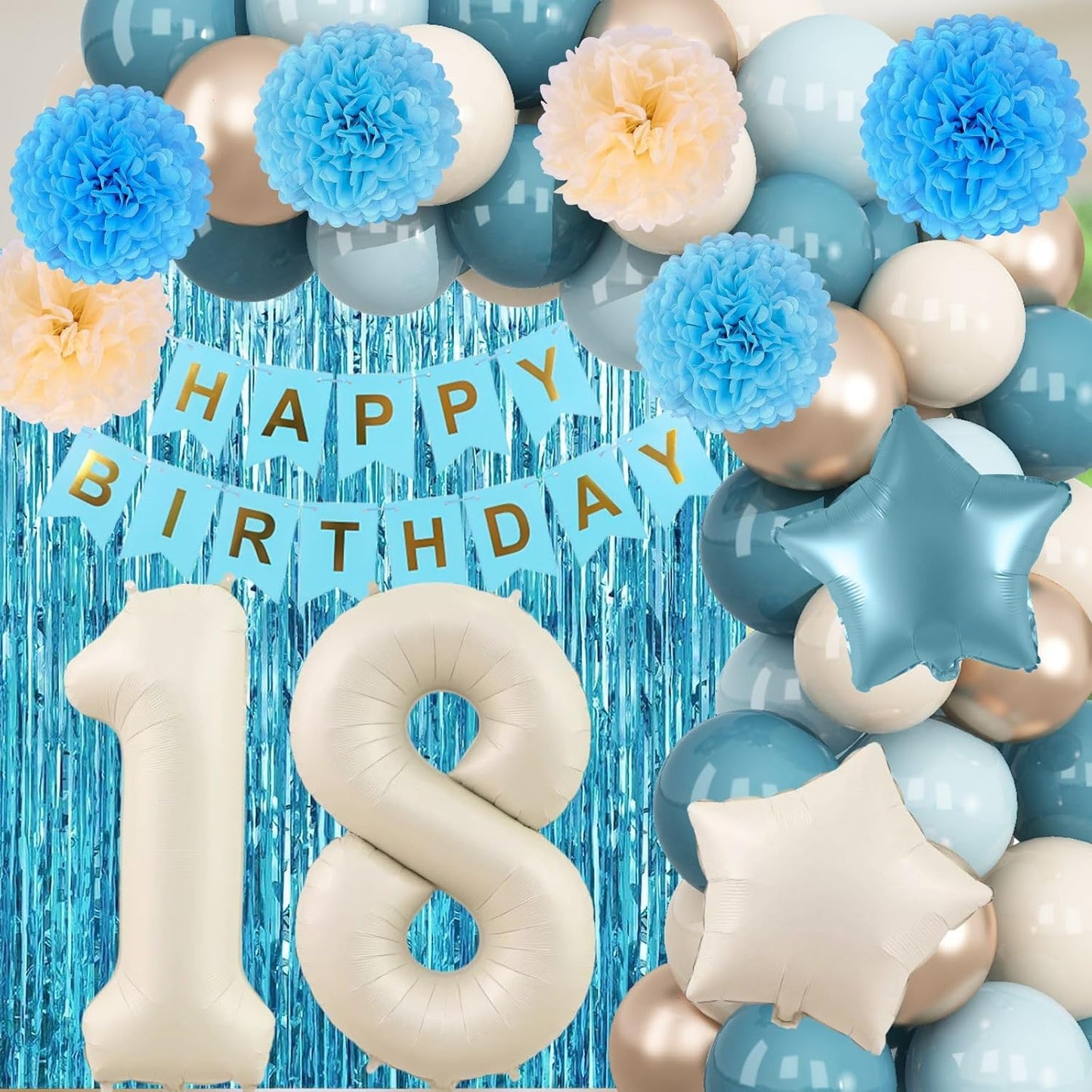 Dusty Blue 18th Birthday Party Decorations Boys Girls Beige Cream Number 18 Balloon with Blue Gold Happy Birthday Banner Fringe Curtain Paper Pom Poms Nude White Sand Champagne Star Foil Balloons