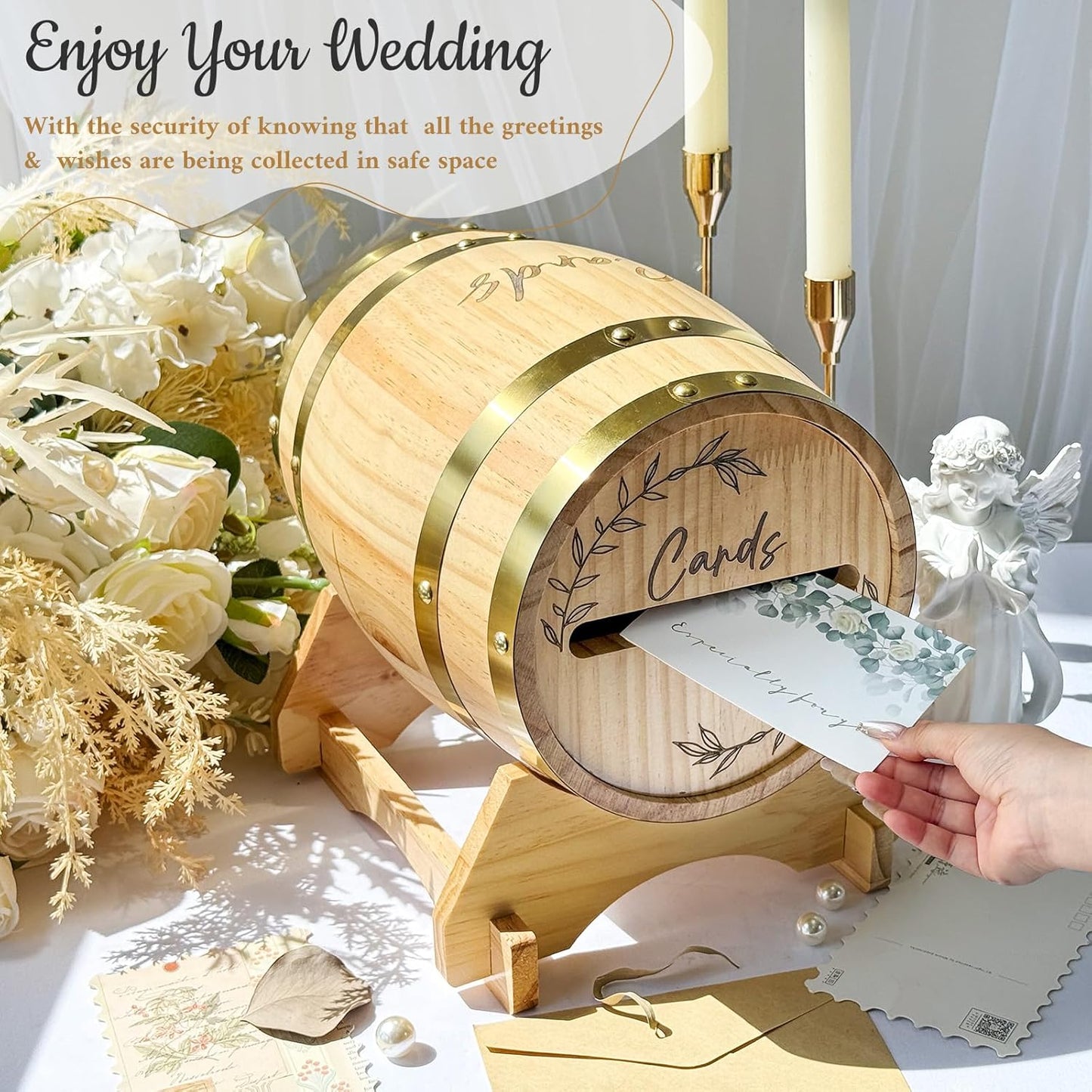 OurWarm Wooden Wedding Card Box for Party with Base, Whiskey Barrel Card Box for Wedding, Rustic Envelopes Gift Money Box Holder for Reception Graduation Baby Shower Birthday Party Decorations