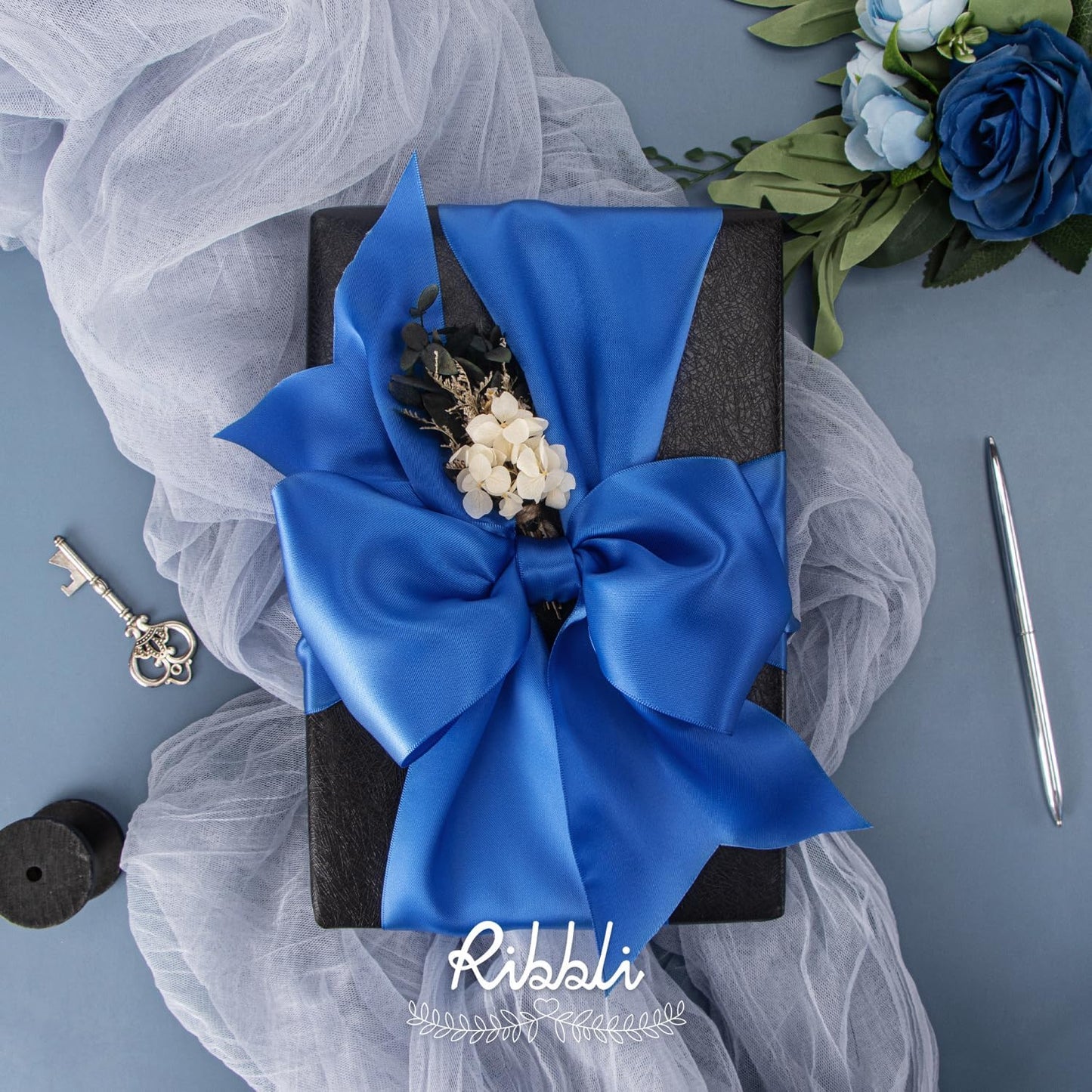 Ribbli Royal Blue Satin Ribbon 4 Inch Wide Blue Ribbon for Wedding Chair Sash Grand Opening Ceremony Big Bows Gift Wrapping Floral Crafts Cake Decor-Double Faced Satin Continuous 10 Yards