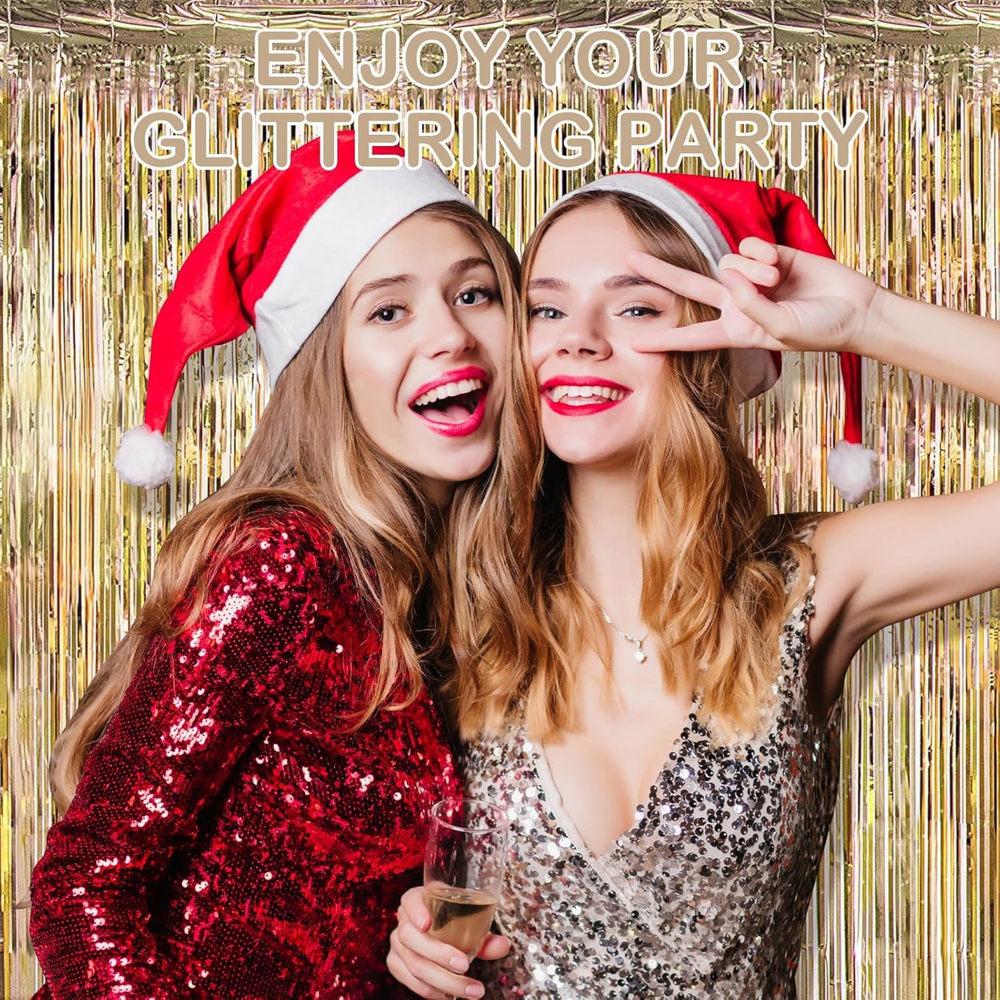 30 Pack Champagne Gold Foil Fringe Curtain Backdrop, 3.3x8.2 Feet Metallic Tinsel Streamer Curtains Photo Booth Props for Engagement/Wedding/Bridal Shower/New Year/Valentine's Day Party Decorations