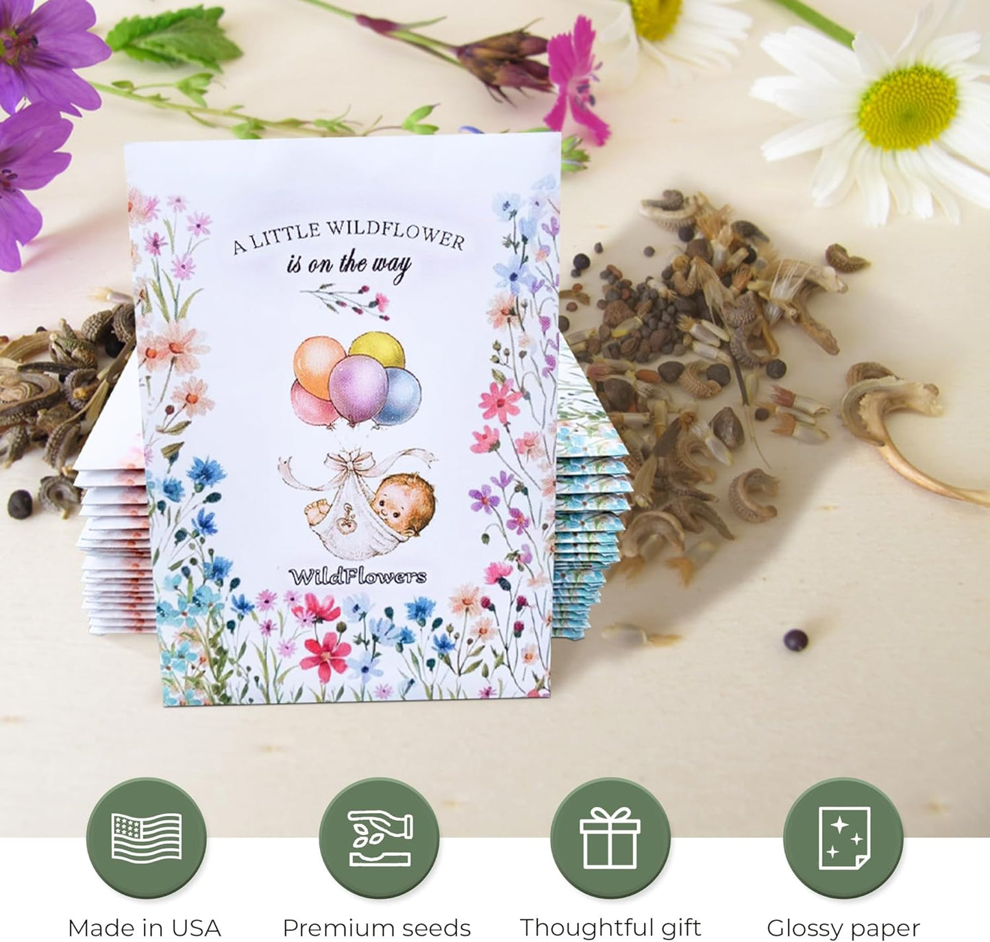 Pack of 20 Pre-Filled Bouquet Seed Mix Packet Girl Boy Baby Shower Party Favors Baby Announcements for Guests A Little Wildflower is On The Way Thank You Celebration of Life Plant Seeds