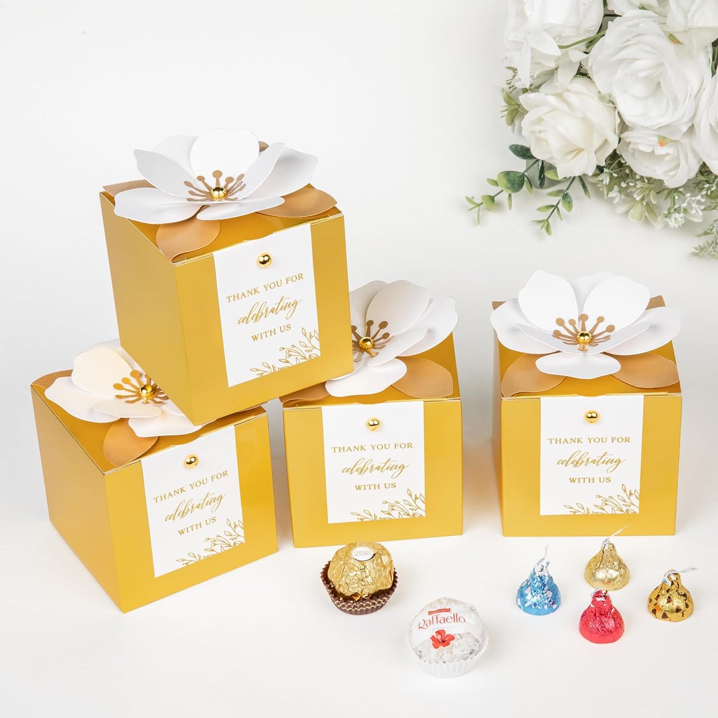 FEIYI 20 PCS Gold Gift Boxes, 3 In 1 Favor Boxes with Floral Decor, White Thank You Tags Cupcake Containers Gift wrapping for Wedding, Baby Shower, Birthday, Decorations Party - 3.55x3.55x3.55
