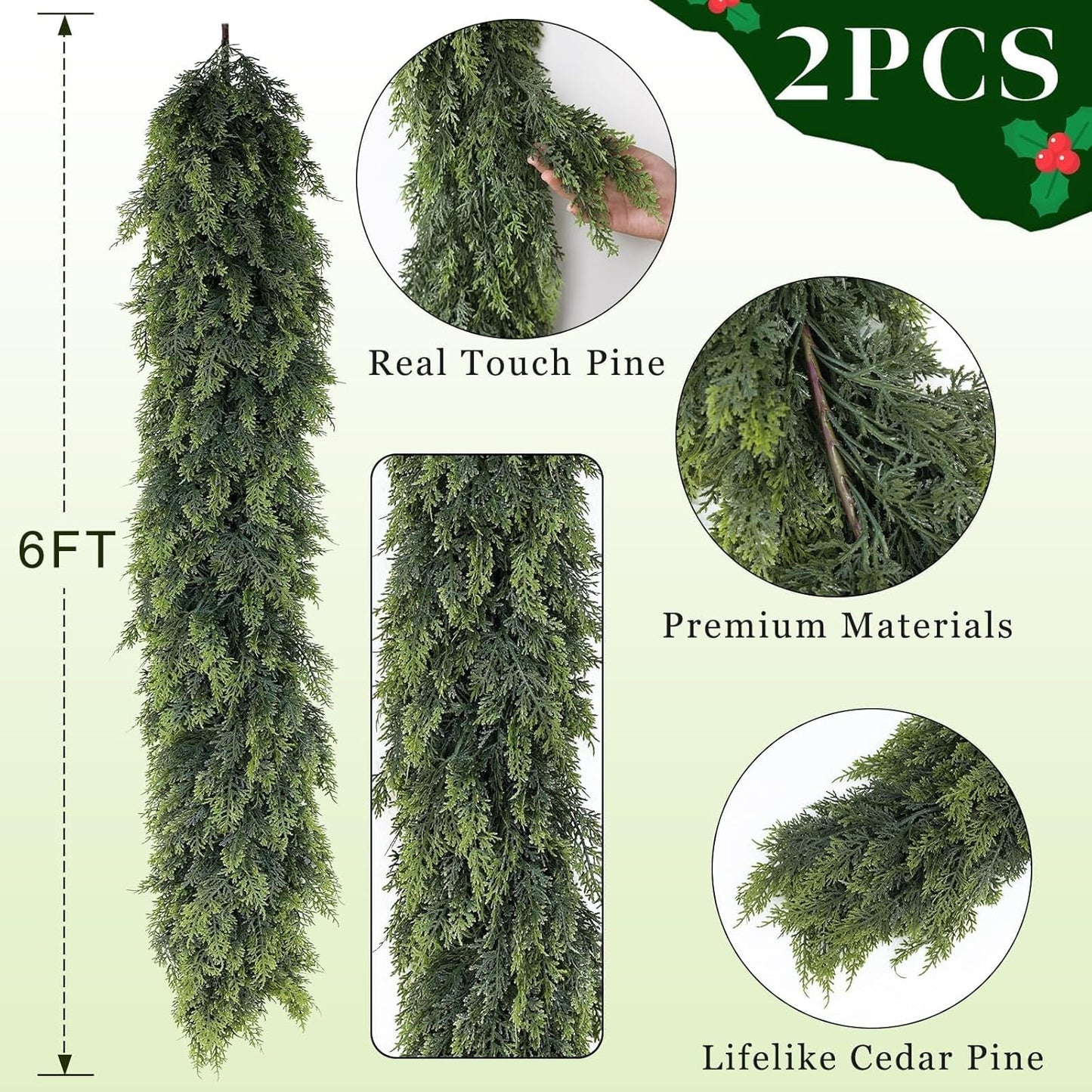 Christmas Cedar Garland - 6ft Artificial Cedar Garland Faux Lush Green Fake Pine Needles for Fireplace,Table,Window,Stairs,Mante,Holiday Indoor Outdoor Xmas Decor(2PCS)