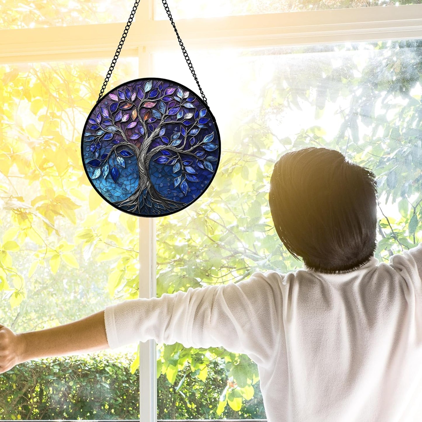 Stained Glass Window Hanging, Blue Purple Tree of Life Sun Catchers Colorful Glass Panel Plants Suncatcher Decor for Birthday for Women,Men,Wife, Lovers, and Mom 6.3 in