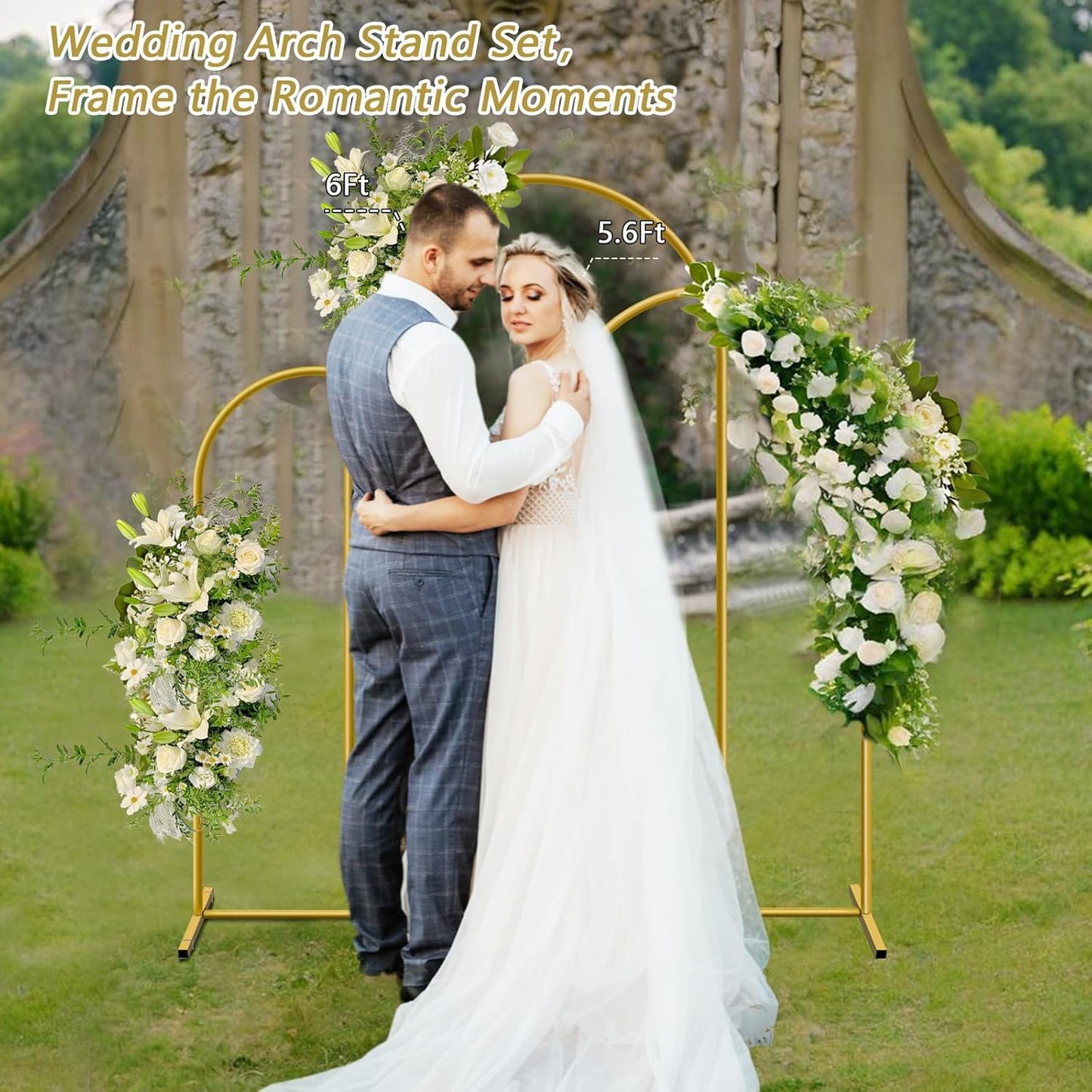 Metal Arch Backdrop Stand, Set of 3 (4/5/6 ft) Wedding Arched Frame with 12 Ground Nails, Stable Arched Background Stand for Wedding, Baby Shower, Birthday Party, Photography, Gold