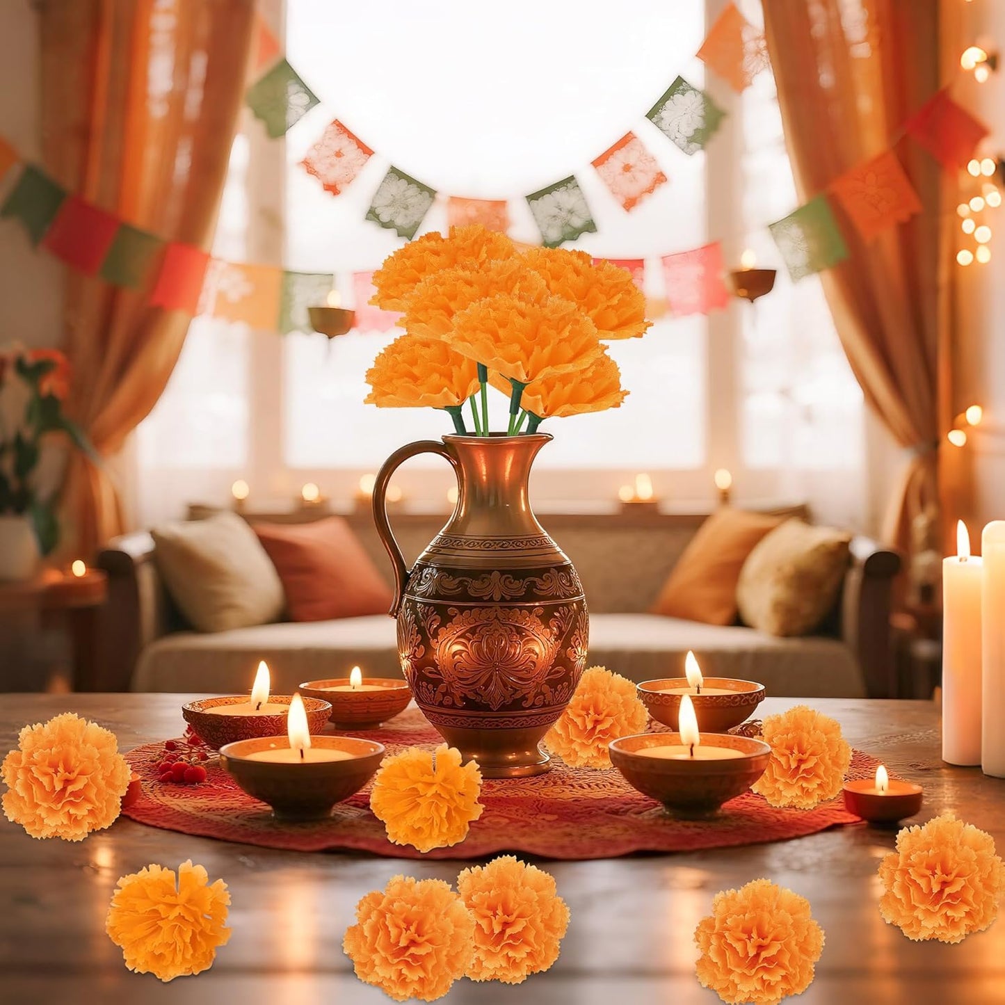 50 Pcs Artificial Marigold Flowers,2" Silk Marigold Flower Heads with Stems,Orange Flowers Artificial for Diwali Decor,Indian Wedding,Home,DIY Wreath Garland,Day of The Dead Decorations