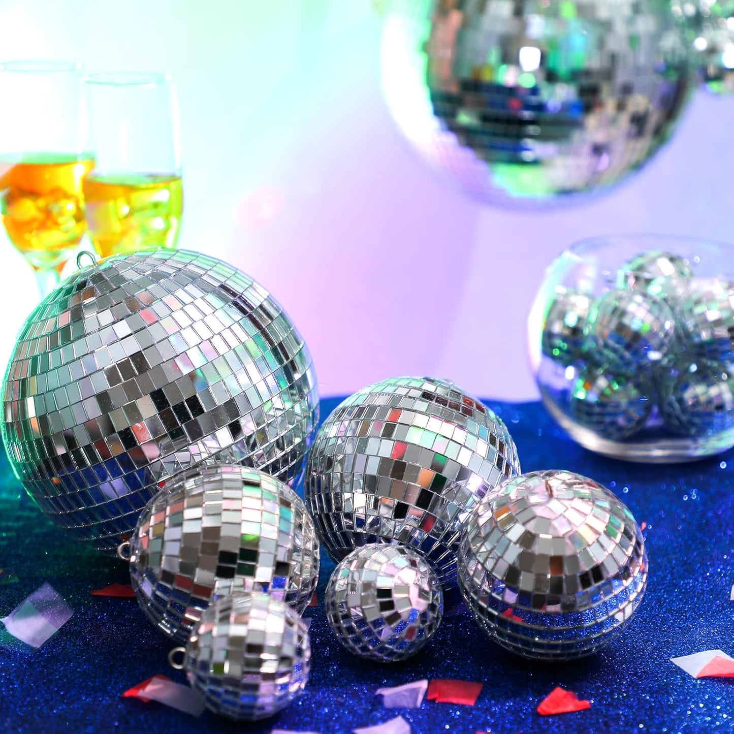 Funtery 100 Pcs Mirror Disco Balls Bulk Assorted Silver Hanging Disco Ball Decor for Home Wedding Birthday Dance Music 70 S Theme Party Christmas Tree Ornaments(0.8'',1.6'',2.4'',3.2'',4'',8'')
