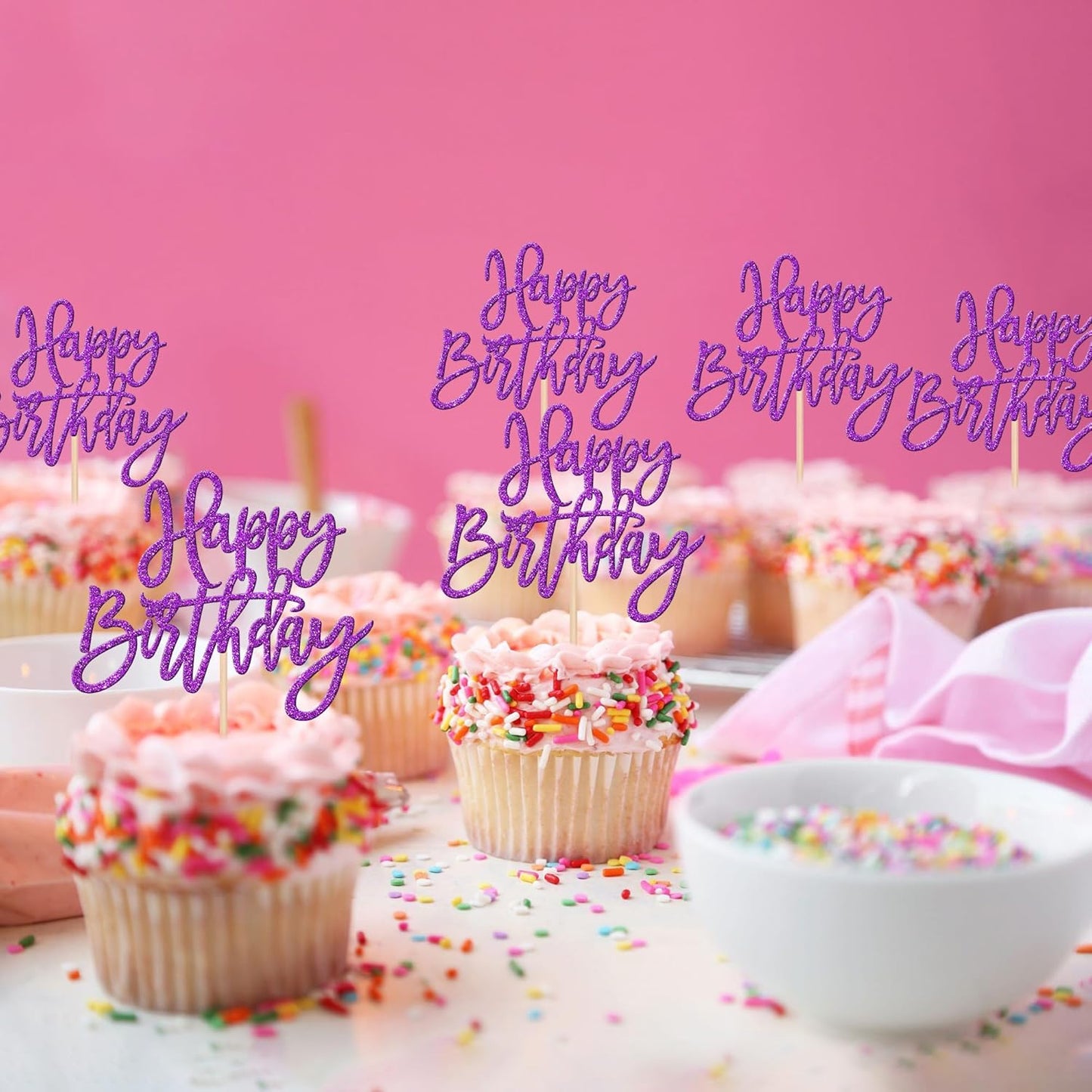 24 PCS Glitter Happy Birthday Cupcake Toppers - Purple Cupcake Picks for Celebrating Anniversary Theme Party Cake Decorations