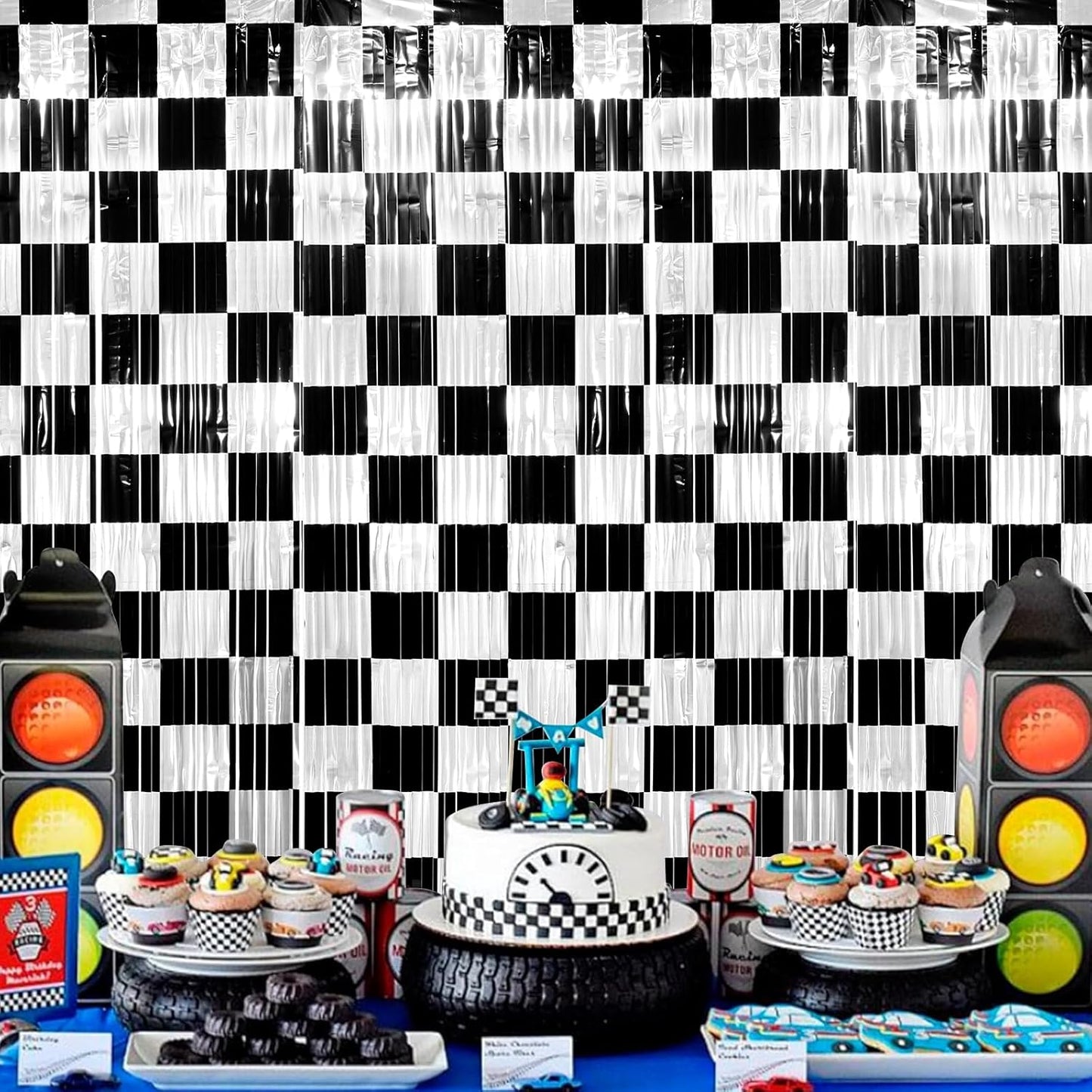 3 Pack 3.3Ft x 6.6Ft Race Car Checkered Foil Fringe Curtain Backdrop Decorations, Black White Metallic Tinsel Foil Streamers Curtain Photo Booth for Race Car One Happy Dude Birthday Party Decorations