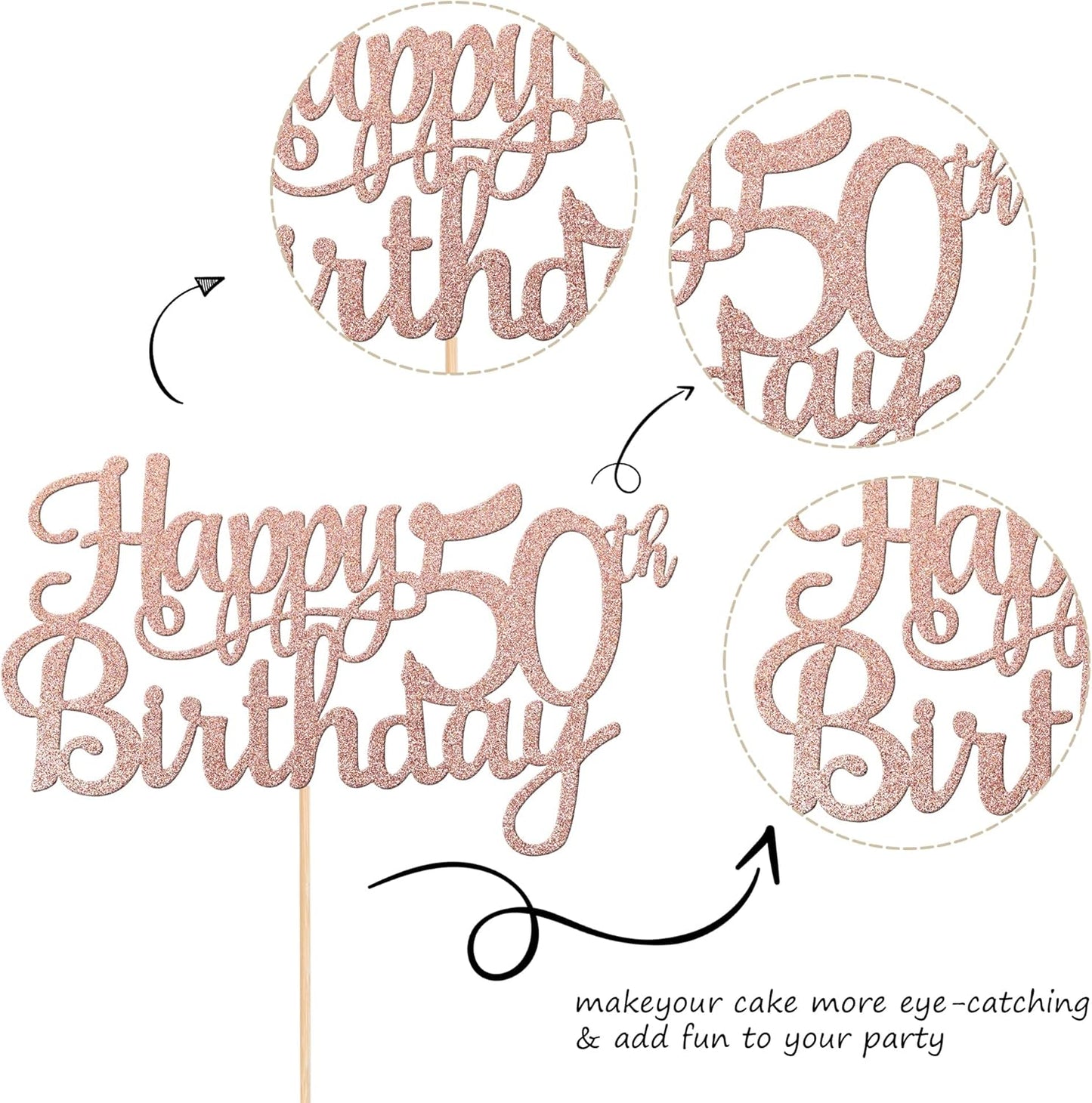 1 PCS Happy 50th Birthday Cake Topper Glitter Cheers to 50 Years Birthday Cake Pick 50 Fabulous Cake Decoration for Happy 50th Birthday Anniversary Party Decorations Supplies Rose Gold