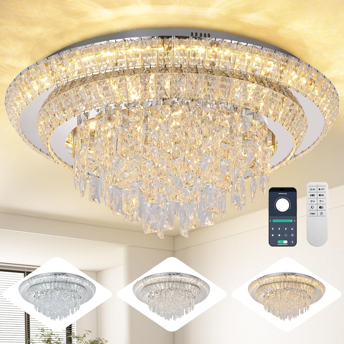 24 inch Crystal Silver Ceiling-Light Flush Mount with Remote Control and APP, 3CCT Dimmable & Brightness Adjustable, Modern Crystal Raindrop Chandeliers for Bedroom Hallway Dinning Room Living Room