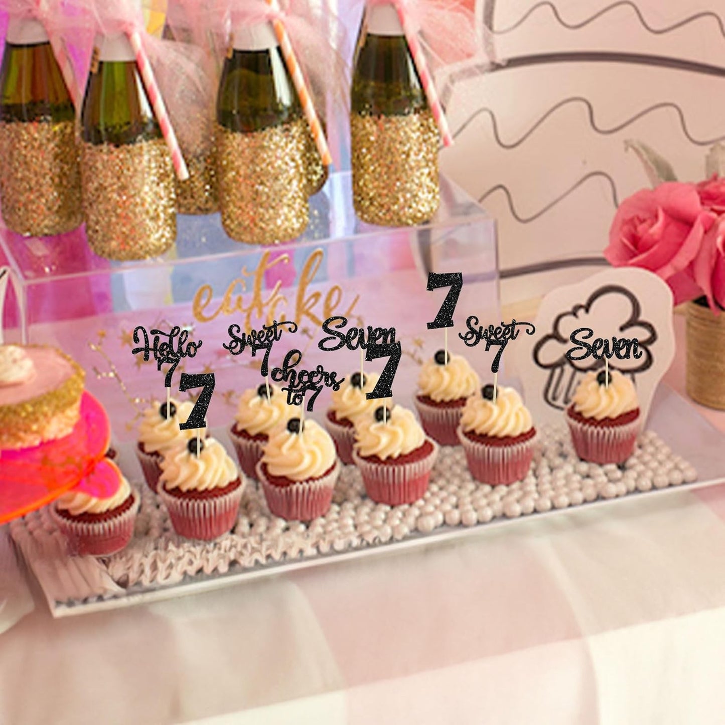 30Pcs 7th Birthday Cupcake Toppers Glitter Seven Happy 7 Cupcake Picks Cheers to 7 Years Old Cake Decorations for 7th Birthday Party Supplies Black
