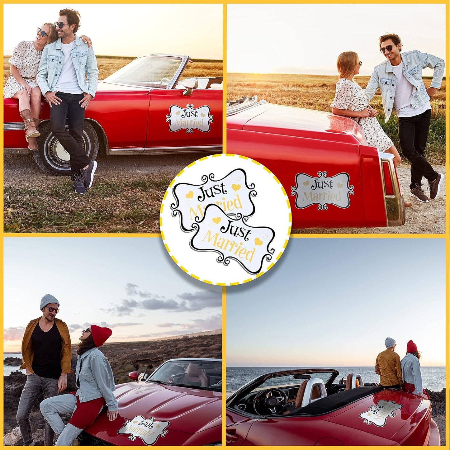 2 Pcs Large Just Married Car Decorations Just Married Car Magnets Sign Decoration 13.9 x 8.8 Inch Honeymoon Rear Tailgate Magnet Stickers for Wedding Door Panel Refrigerator(Black and Gold)