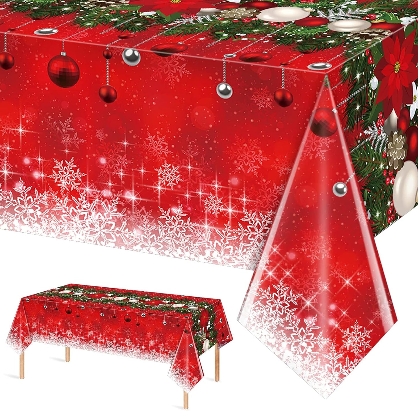 1Pieces Merry Christmas Tablecloth Plastic Christmas Tree Ball Table Cover Rectangle Winter Snowflake Tablecloth for Merry Christmas Holiday New Year Eve Party Decorations Supplies,54x108inch