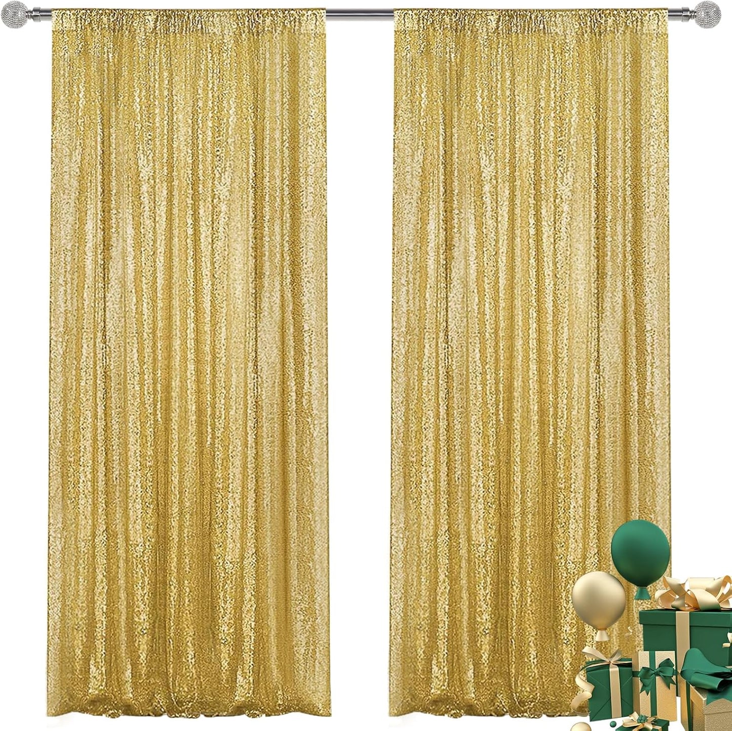Gold Sequin Backdrop Curtain 2 Panels 2FTx8FT Glitter Photography Backdrop for Party Wedding Birthday Christmas Decorations