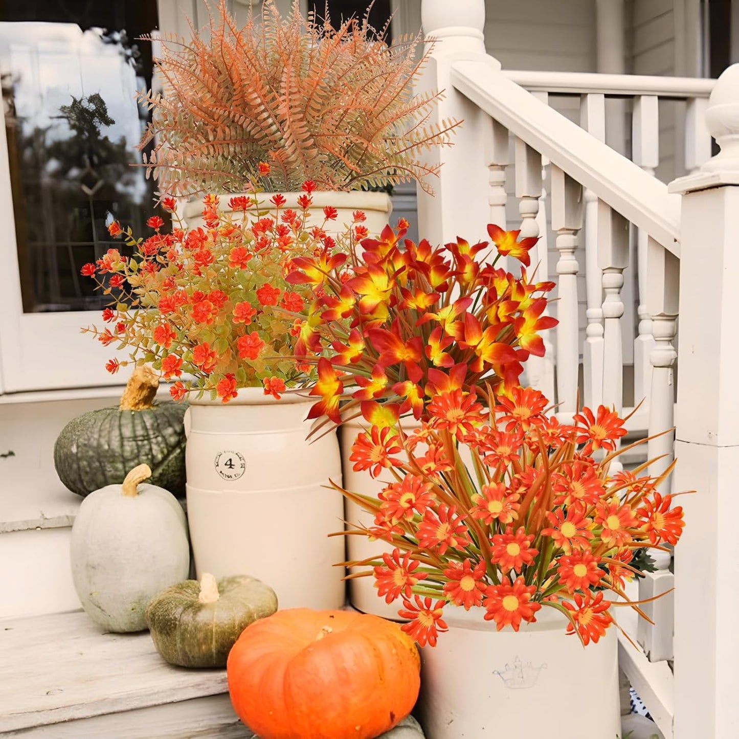 16Pcs Artificial Fall Flowers Outdoor Fake Fall Plants UV Resistant Autumn Greenery Plastic Flowers Shrubs for Outside Porch Patio Garden Boxwood Thanksgiving Decor