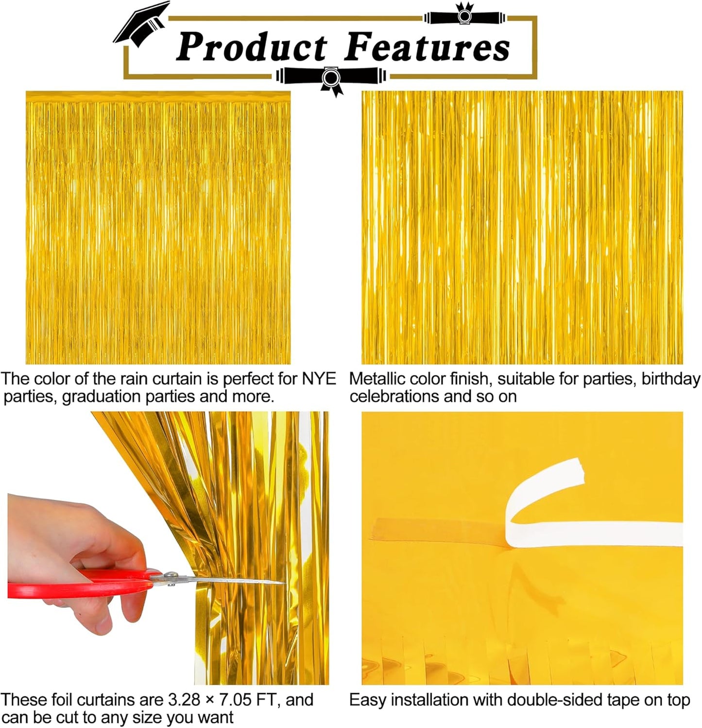 12 Pack 2025 Graduation Decorations, 3.28 FT x 7.05 FT Gold Backdrop Curtains, Metallic Class of 2025 Backdrop Fringe Curtains Foil Streamer, Gold Grad Decorations 2025 Party Supplies