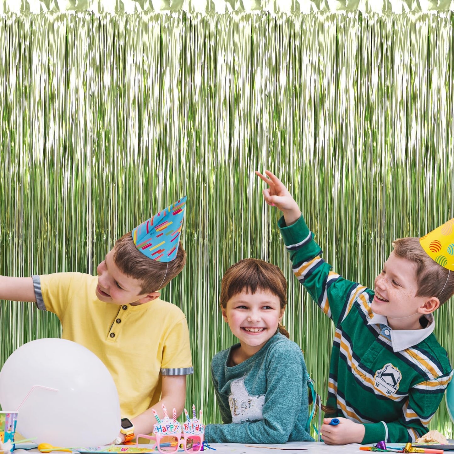 GOER 3.2 ft x 8.2 ft Metallic Tinsel Foil Fringe Curtains Party Photo Backdrop Party Streamers for Birthday,Graduation,New Year Eve Decorations Wedding Decor (5 Pcs,Sage Green)