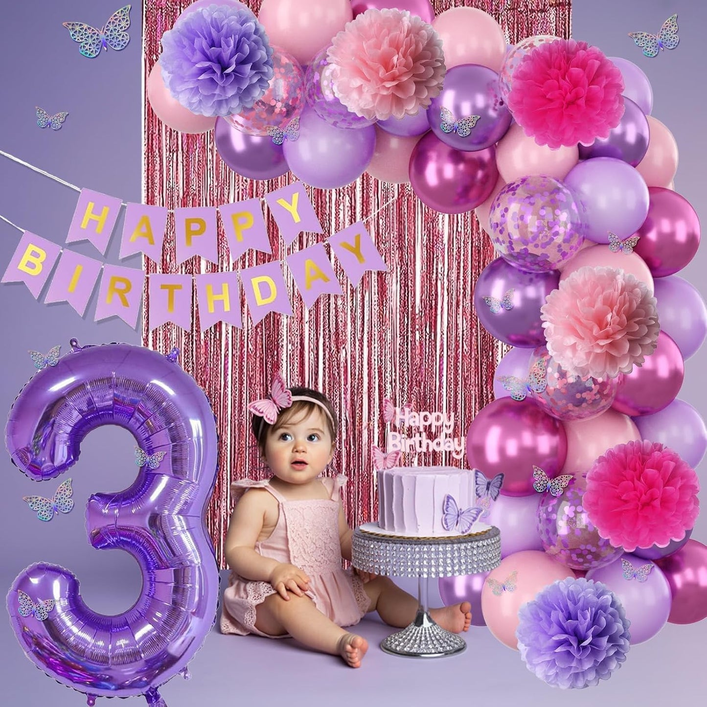 Pink Purple 3rd Birthday Party Decorations for Girls Number 3 Balloon Happy Birthday Banner Butterfly Stickers Fringe Curtain Paper Pom Poms Metallic Hot Pink Star Foil Balloons 3 Year Old Princess