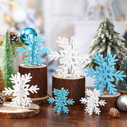 Bucherry 12 Pcs Wooden Snowflake Table Decor 3D Snowflake Tabletop Signs and Centerpiece for Christmas Xmas Winter Wonderland Decorations Home Party(White, Light Blue)