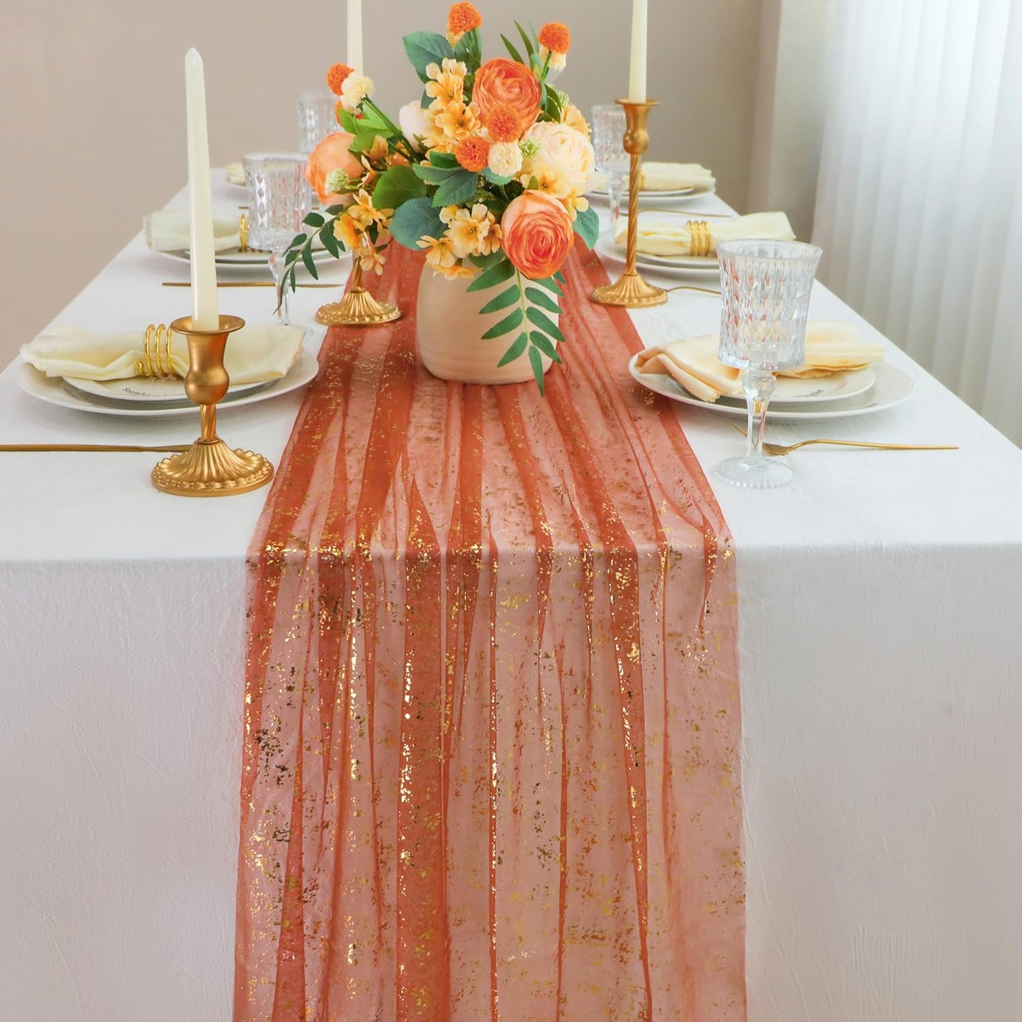 Snowkingdom 10 FT Fall Thanksgiving Table Runner Terracotta Gold Table Runner Burnt Orange Rust Sheer Chiffon Gauze Cheesecloth Golden Sequin Metallic Boho Table Decorations for Wedding Birthday