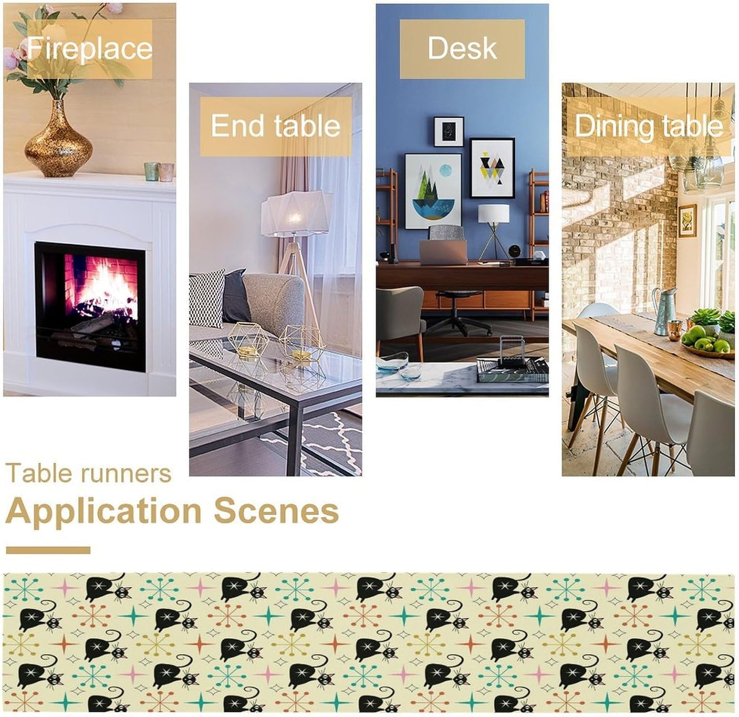 Mid Cat Table Runner, Vintage Black Cat and Atomic Stars 1950s 1960s Abstract Geometric Space Pattern Table Decoration for Home Kitchen Restaurant 13x60 Inches