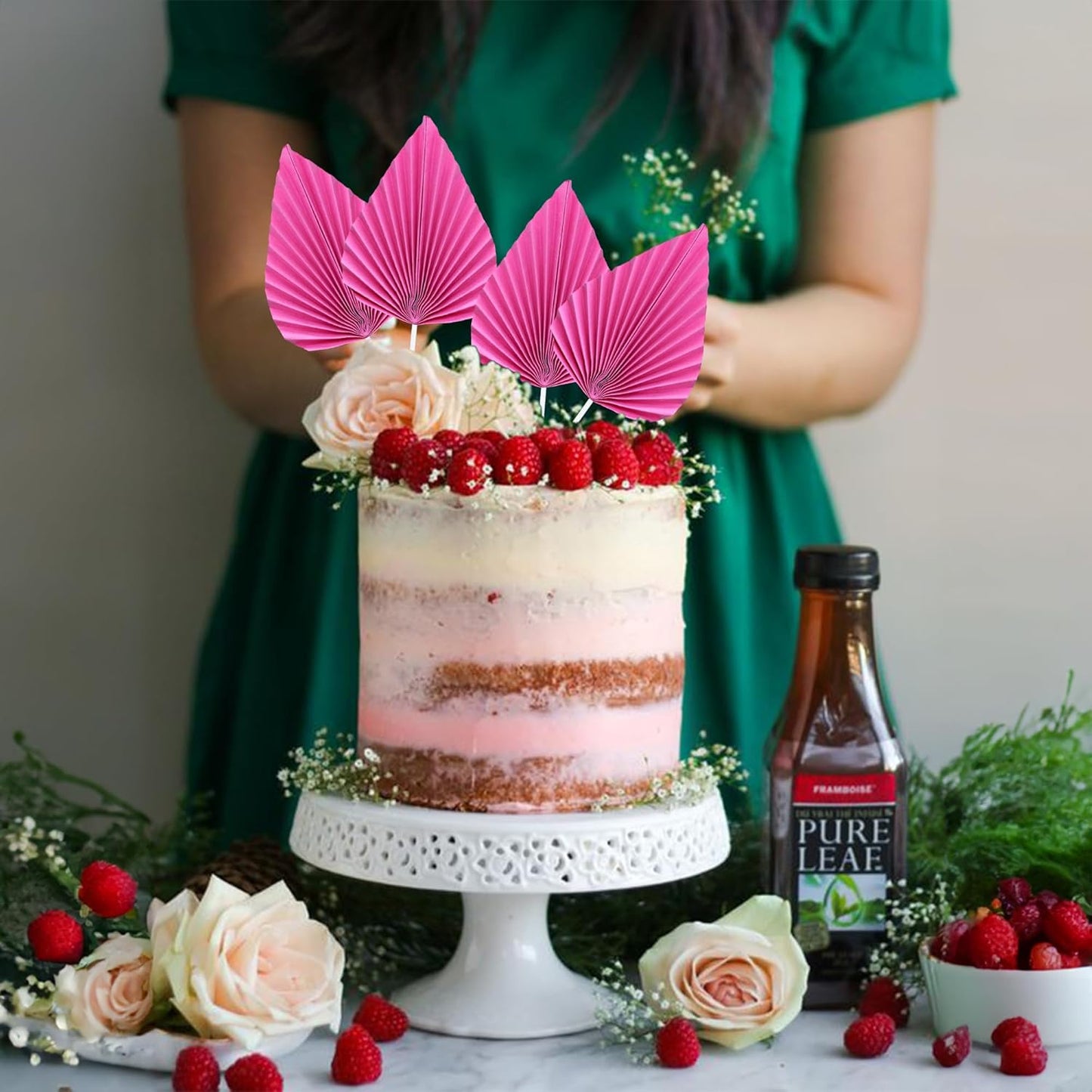 Gyufise 6Pcs Paper Palm Fan Cake Topper Palm Spear Leaves Fan Cake Pick Decoration for DIY Craft Project Home Made Wedding Bridal Shower Birthday Anniversary Party Cake Decorations Peach Red