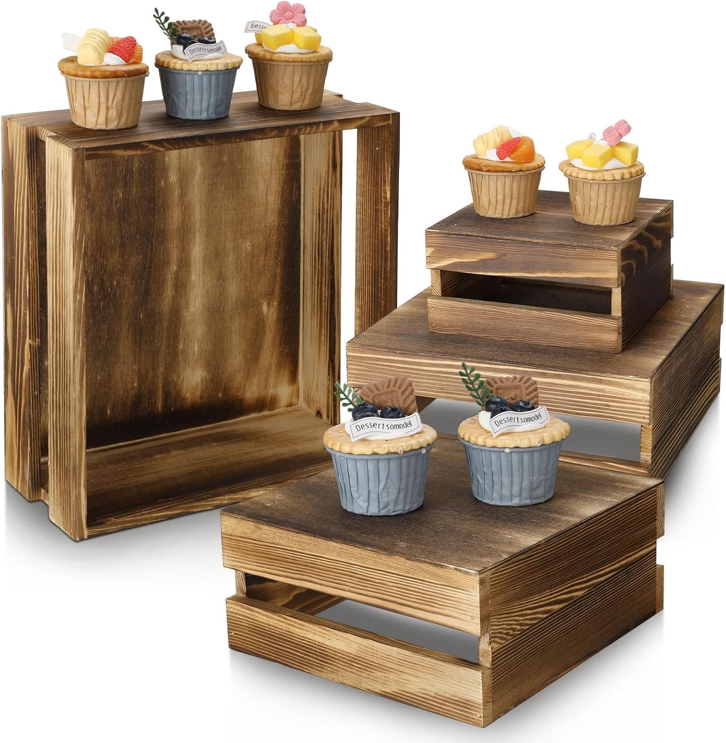 Sieral 4 Pieces Wood Cupcake Display Stand Decorative Dessert Appetizer Cake Stand Risers Wooden Crate Rustic Cake Risers for Storage for Party Christmas Halloween Wedding Decor(Rustic Dark Brown)