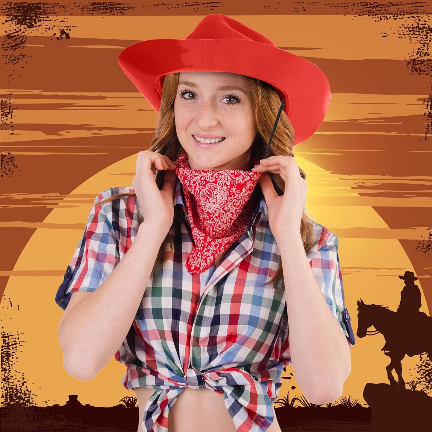 Mepase 24 Pieces Disposable Plastic Western Cowboy Hat Set Felt Wide Brimmed Cowgirl Hats for Men Women Costume Party(Red)