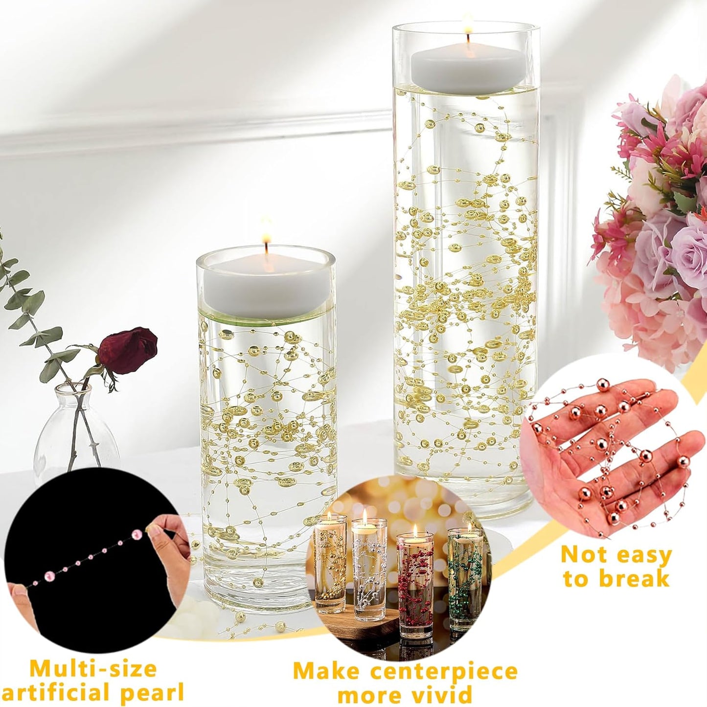 50 PCS Artificial Floating Beads for Centerpieces Vases, Red 8+3mm String Beads for Wedding Party Faux Pearl String for Decorating, String Pearls for Crafts Vase Filler