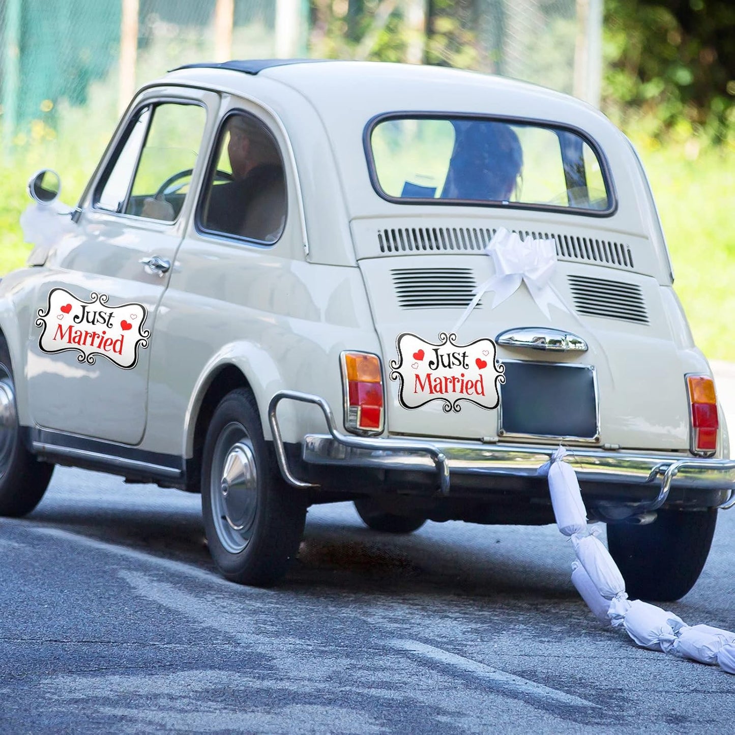 2 Pcs Large Just Married Car Decorations Just Married Car Magnets Sign Decoration 13.9 x 8.8 Inch Honeymoon Rear Tailgate Magnet Stickers for Wedding Door Panel Refrigerator(Black and Red)