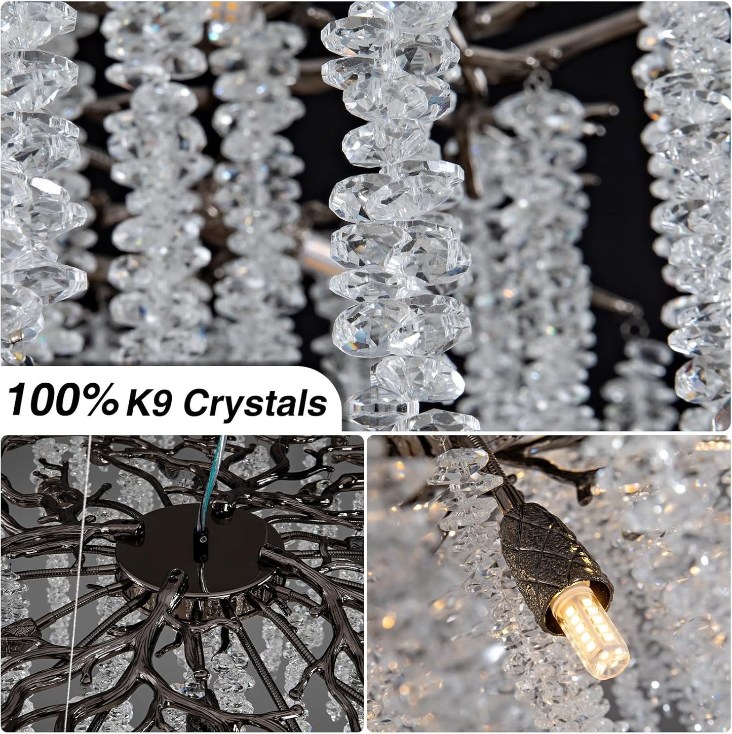 YUYI 47.2'' Modern Crystal Chandeliers for Dining Room,Black Luxury Round Tree Branches Chandelier Lighting,High Ceiling Chandelier Light Fixture Hanging Pendant Light Fixtures