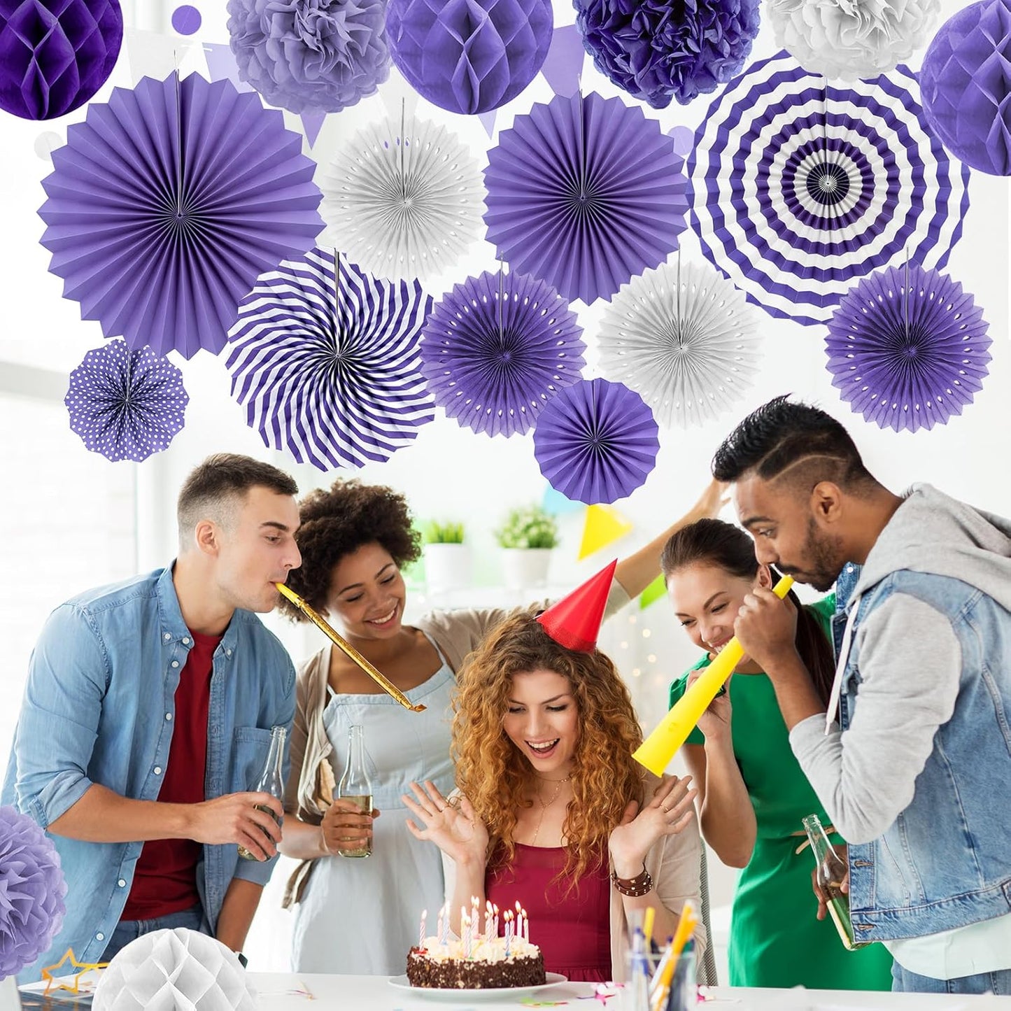 Purple Party Decorations,23Pcs Lavender Birthday Decorations with Hanging Paper Fans,Pom Poms Flowers Packs for Girls Women Birthday Party, Bridal Shower,Baby Showers,Wedding