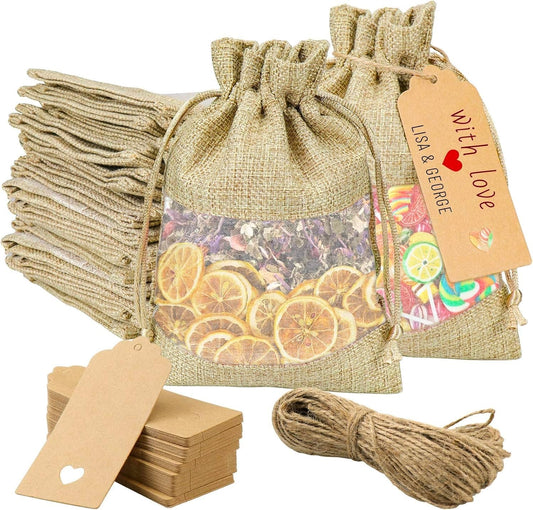 GIOIPC 50Pcs 6 x 9 Inch Linen Burlap Sheer Bags with Drawstring and Bonus Gift Tags for Wedding Birthday Bag,Craft Bags,Cosmetic Samples