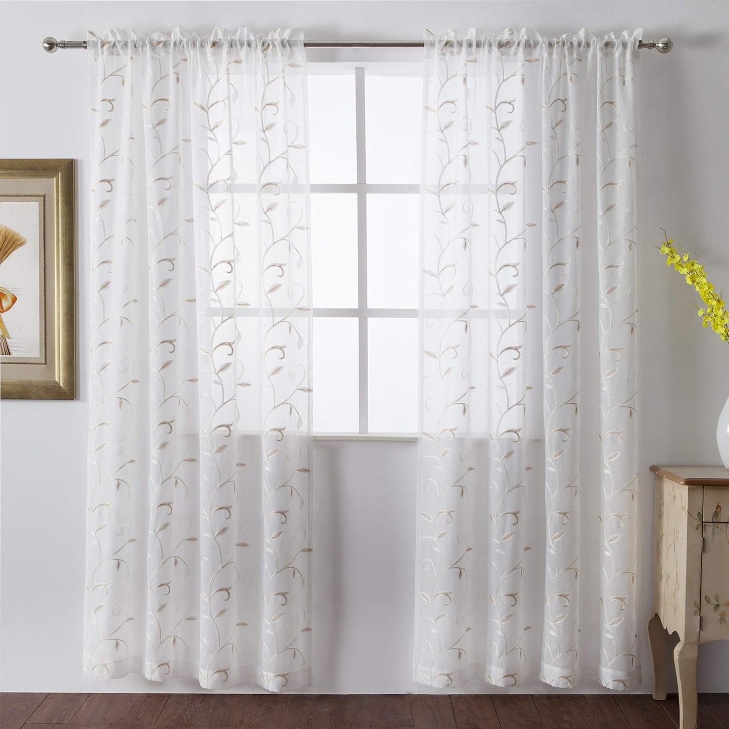 VISIONTEX White Sheer Voile Curtains, Decorative Beige Leaves Embroidery Faux Linen Rod Pocket Window Drapes for Home Kitchen, Living Room and Bedroom 54 x 63 Inch, Set of 2 Curtain Panels