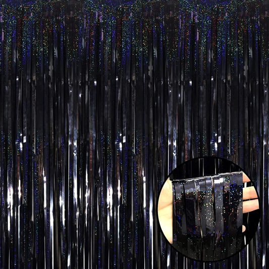 4 Pack Black Tinsel Foil Fringe Curtain Backdrop, 3.28Ft x 8.2Ft Metallic Streamers for Photo Booth Props Wedding Bridal Shower Bachelorette Birthday Halloween Christmas Party Decoration