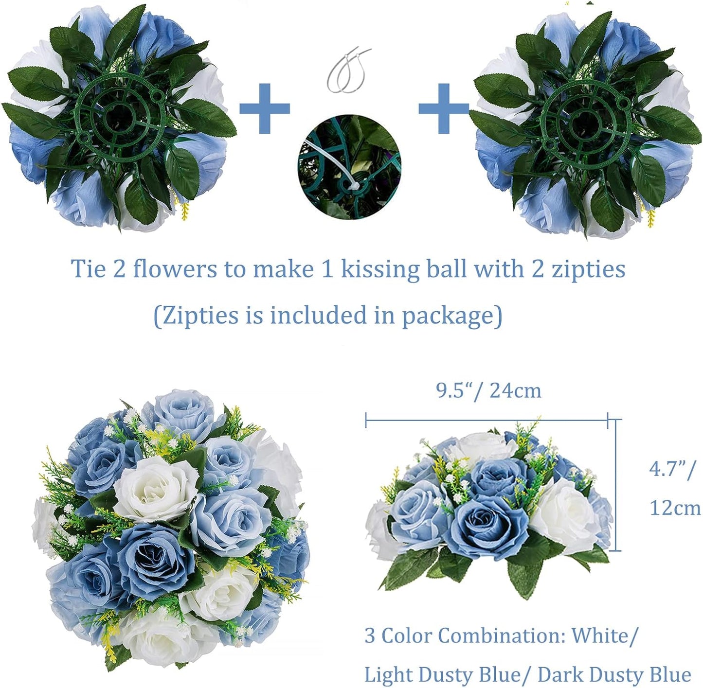BLOSMON Flower Ball Centerpieces for Table 2 Pcs Fake Rose Centerpiece Flowers Dusty Blue Artificial Silk Floral Arrangement Center Piece Kissing Bouquet for Wedding Party Valentines Day Home Decor