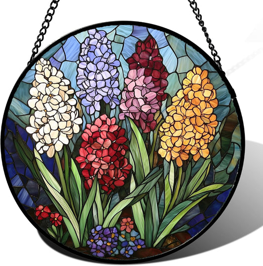 Stained Glass Window Hanging, Colorful Hyacinth Flowers Suncatcher for Doors Window Home Plant Sun Catchers Decoration Mother's Day Birthday Gifts for Women, Men, and Mom 11.8x11.8 in