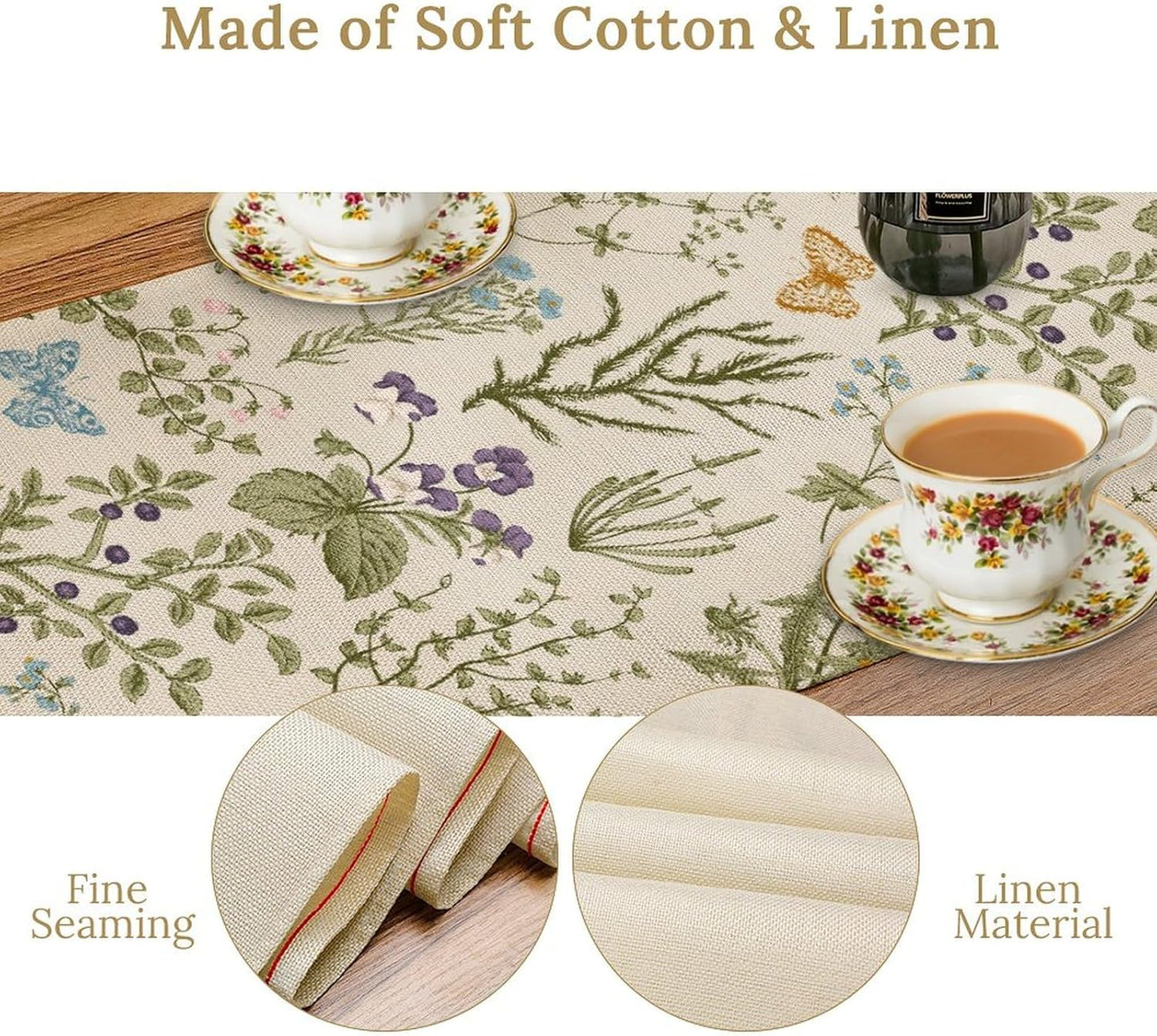 Floral Table Runner,Wildflower Spring Table Runner Seasonal Summer Butterfly Kitchen Dining Table Decoration for Home Party 13x120 Inch