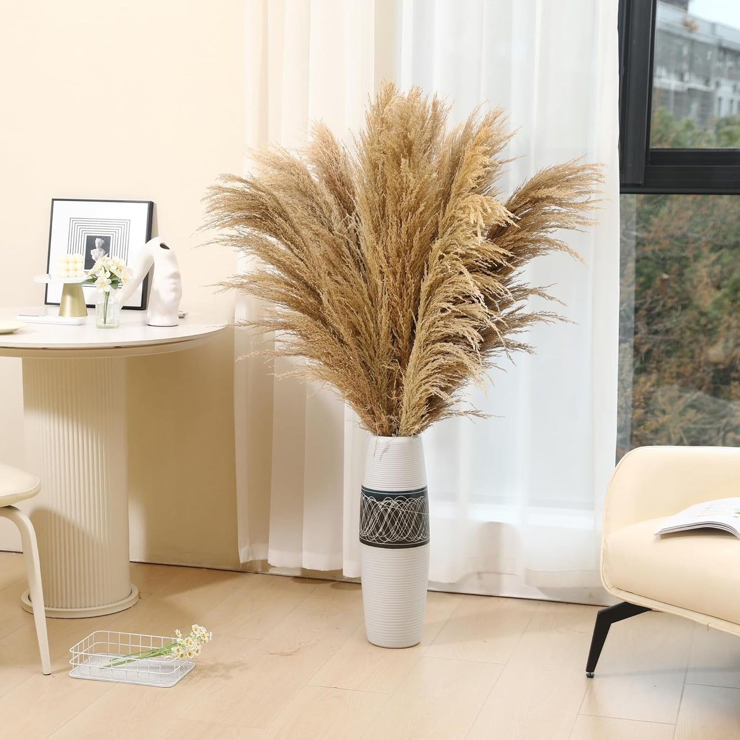 9 Stems Pampas Grass Decor Tall 48''/4 FT, Long Fluffy Dried Pompas Grass, Large Pampas Grass for Floor Vase, Rustic Wedding, Baby Shower, Party, Farmhouse, Boho Home Decor