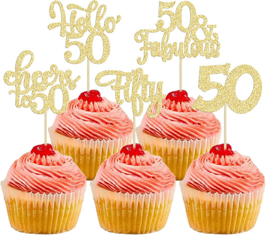 30Pcs Happy 50th Birthday Cupcake Toppers Gold Glitter Fifty Cheers to 50 Years Old Birthday Cupcake Picks for 50th Birthday Anniversary Party Cake Decorations Supplies