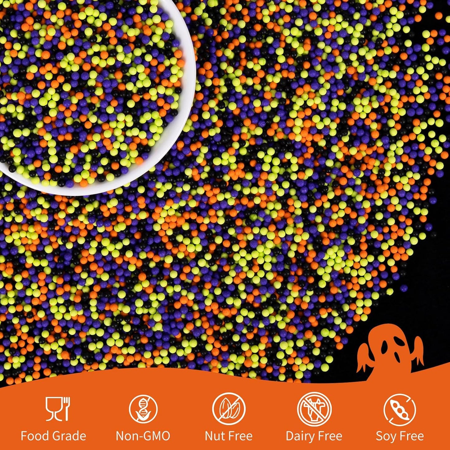 Halloween Edible Pearl Sprinkles,Nonpareils Purple Black Green and Orange Mix,Cute Pearls Cake Candy,Mini Sugar Sprinkles for Decorations Baking,Cake Ice Cream Cookies Cupcake Toppe Chocolate,Birthday Halloween Christmas Supplie 130g/4.58oz