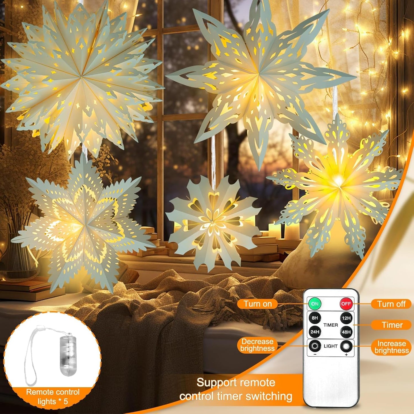 5 Pack Christmas Paper Snowflake Lanterns, Christmas Paper Star Lantern with LED Light White Hanging Lamp Ornaments for Xmas Tree New Year Winter Frozen Weddings Birthday Holiday Party Decorations