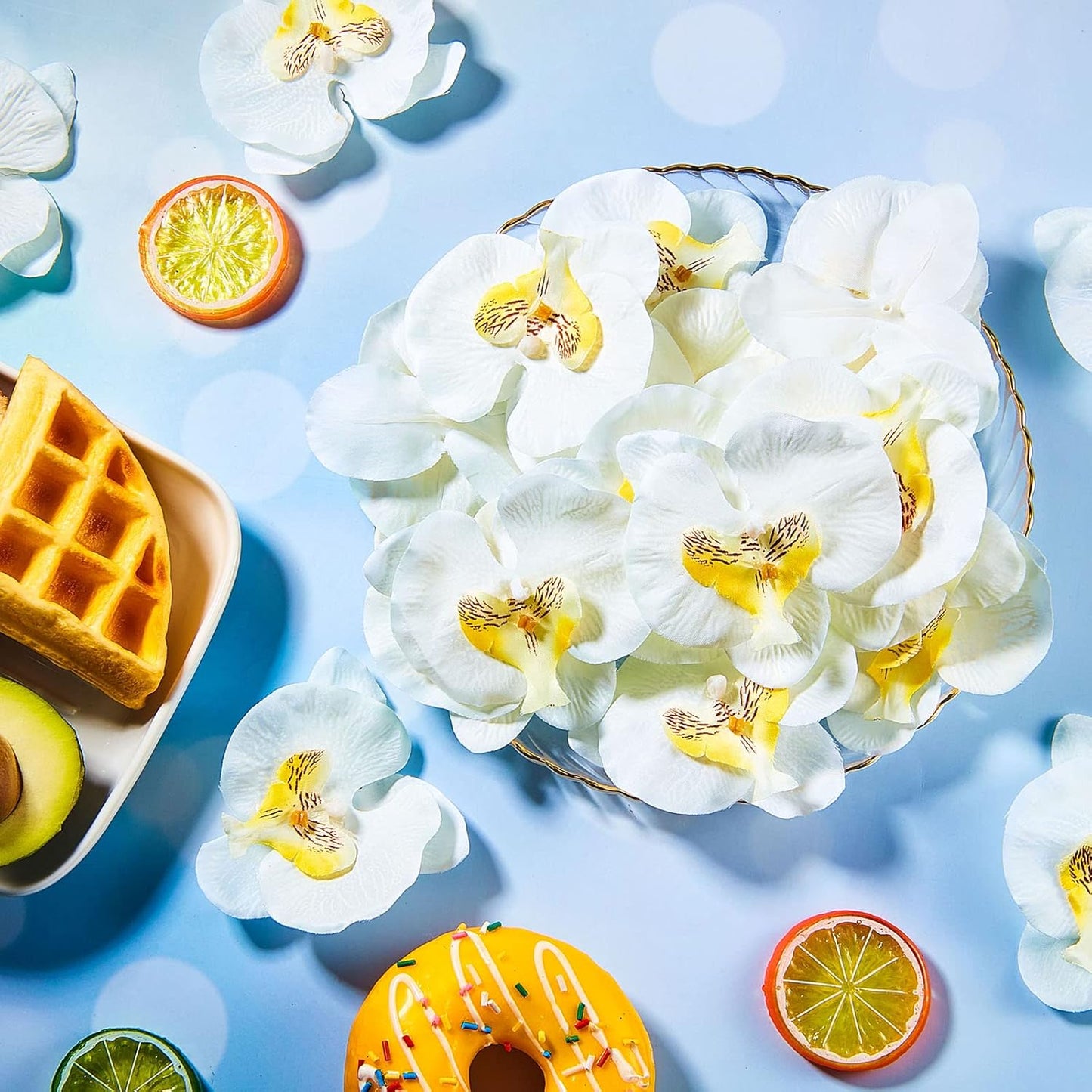 40 Pieces Orchid Petals Artificial Decorations Wedding Party Orchids Heads Flowers Faux Silk Phalaenopsis Butterfly Flower Heads for DIY Craft Home (White)