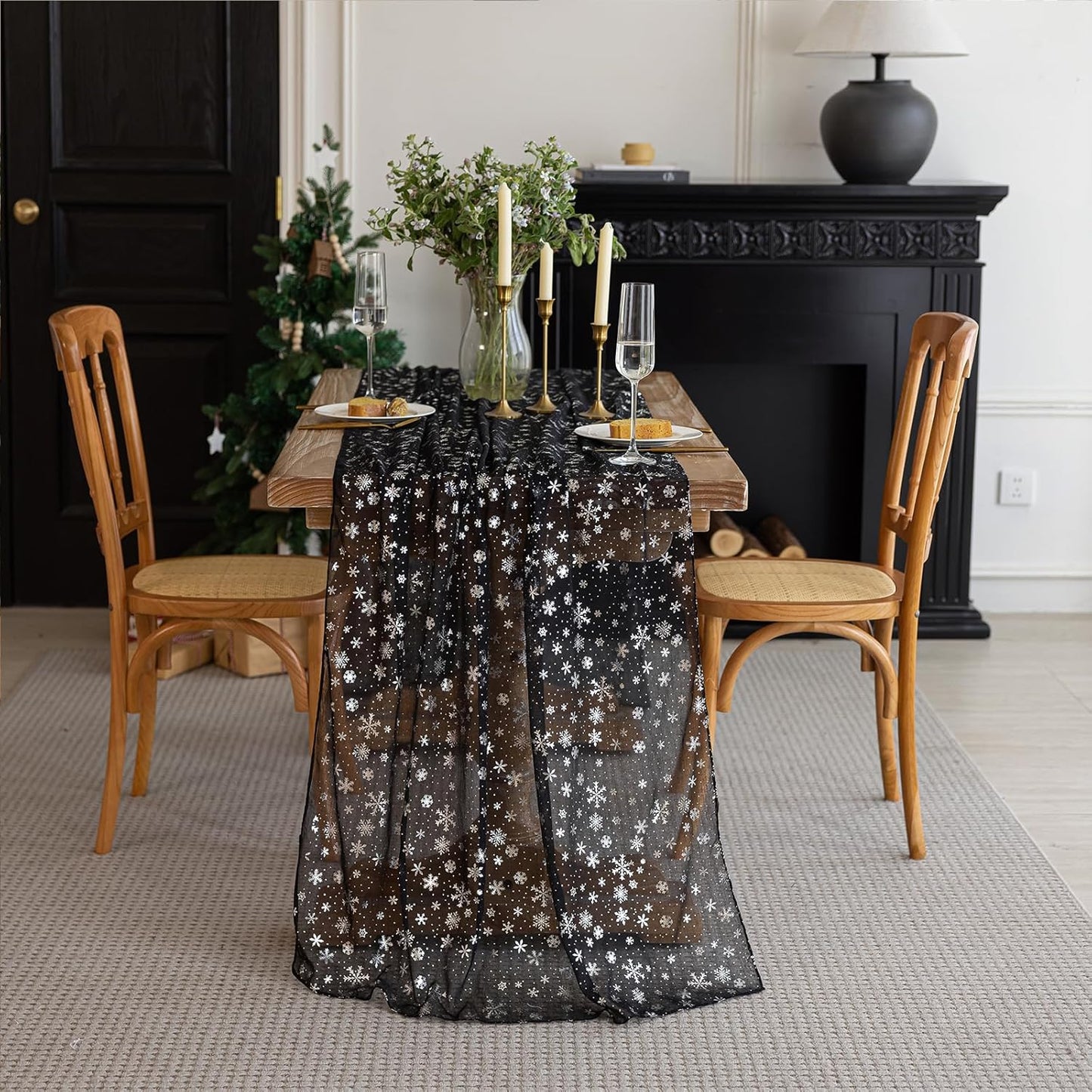 Silvery Snowflake Metallic Print Tulle Christmas Table Runner, Seasonal Winter Kitchen Dining Table Decoration for Home Party Decor 35x120 Inch (Black)
