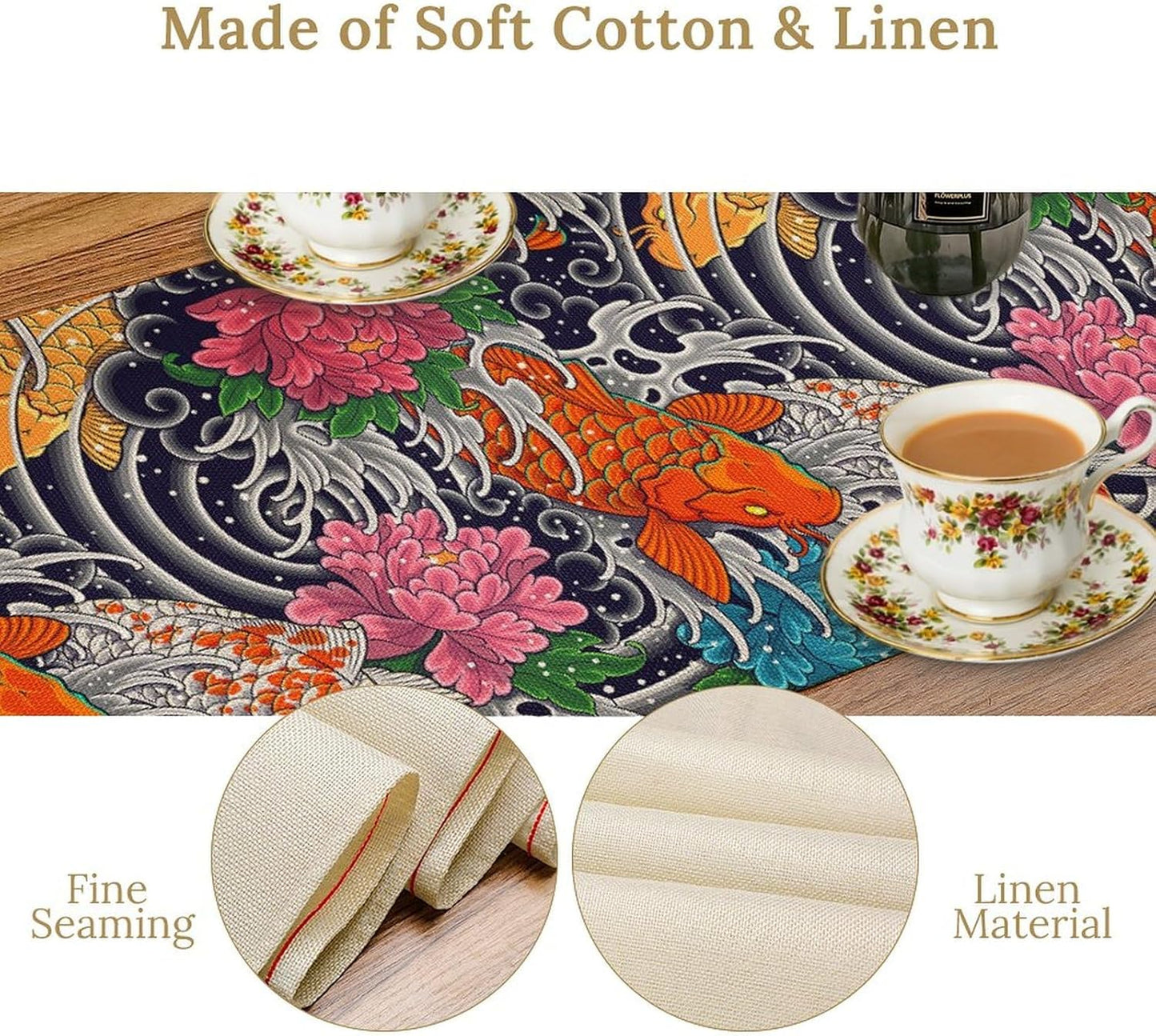 Japanese Retro Flowers Table Runner Oriental Tradition Kio Fish Art Printed Burlap Runner Home Kitchen Dining Table Living Room Decor Fabric 1 Panel W13xL60in