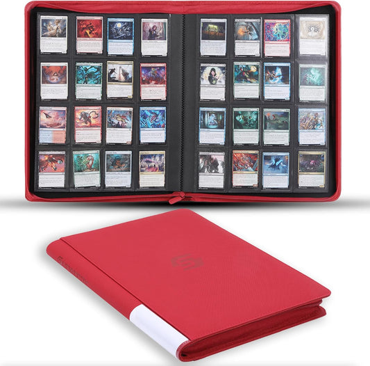 Snekdy premium 1024-pocket trading card binder, Card Albums 16 pockets, waterproof PU-leather Cover album with side loading, holds gaming, baseball (Red)