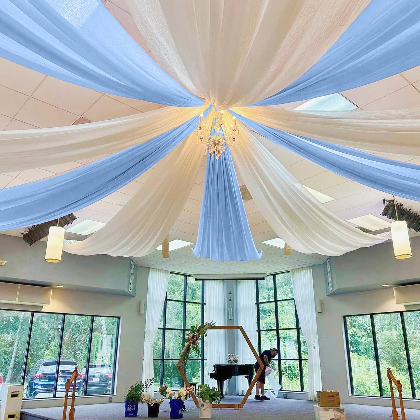MODFUNS Light Blue Ceiling Drapes Wedding Arch Drapery 5x30ft 2 Panels Sheer Chiffon Curtain Drapes Tulle Ceiling Fabric Draping Fabric Vintage Wedding Ceremony Party Tent Ceiilng Drapes Supplies